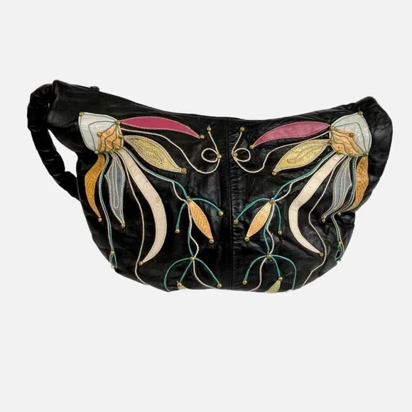 Vintage Black Hobo Bag with Floral Embroidery - Picture 4 of 16